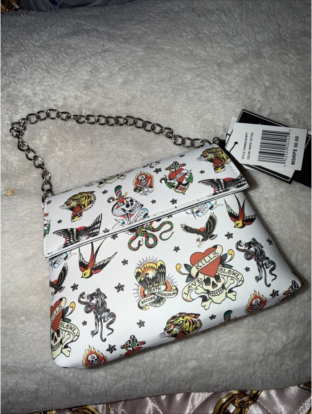 Ed Hardy White Tattoo Print Kiss Clasp Coin Purse Evening Bag With Chain